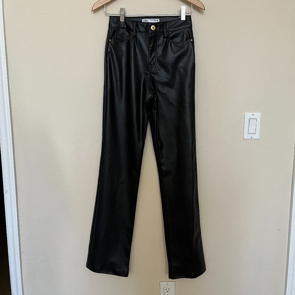 Zara Womens Faux Leather Black Straight Leg High Rise Pants Rockstar Chic 0
